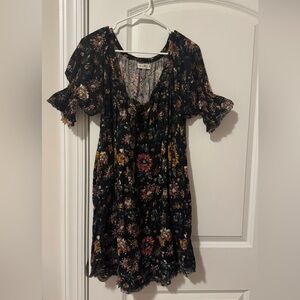 Floral Black Dress with Puff Sleeves